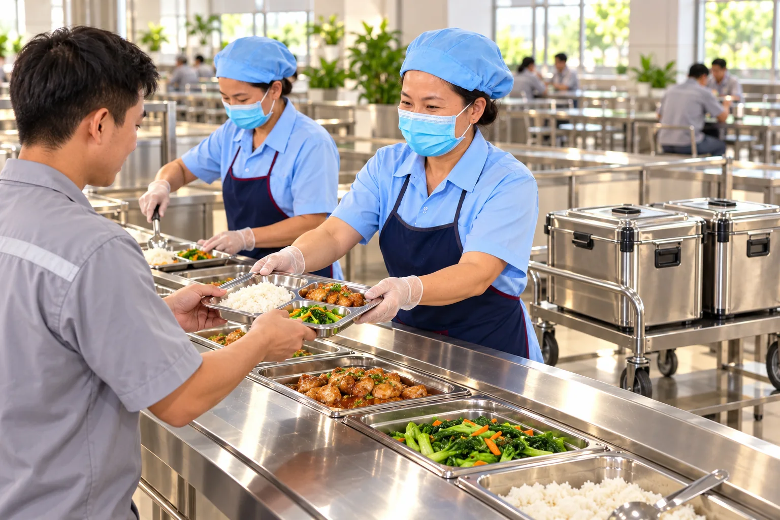 Minh họa nhân viên Do Green trao khay cơm cho công nhân tại khu phục vụ, bên cạnh các thùng giữ nhiệt inox.