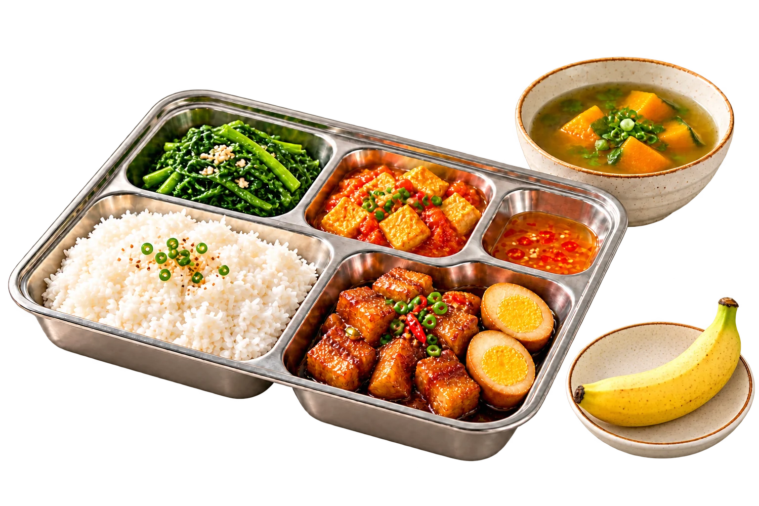 Phần ăn mẫu gồm Cơm trắng, Thịt kho trứng, Đậu hũ sốt cà, Rau muống xào, Canh bí đỏ, Chuối