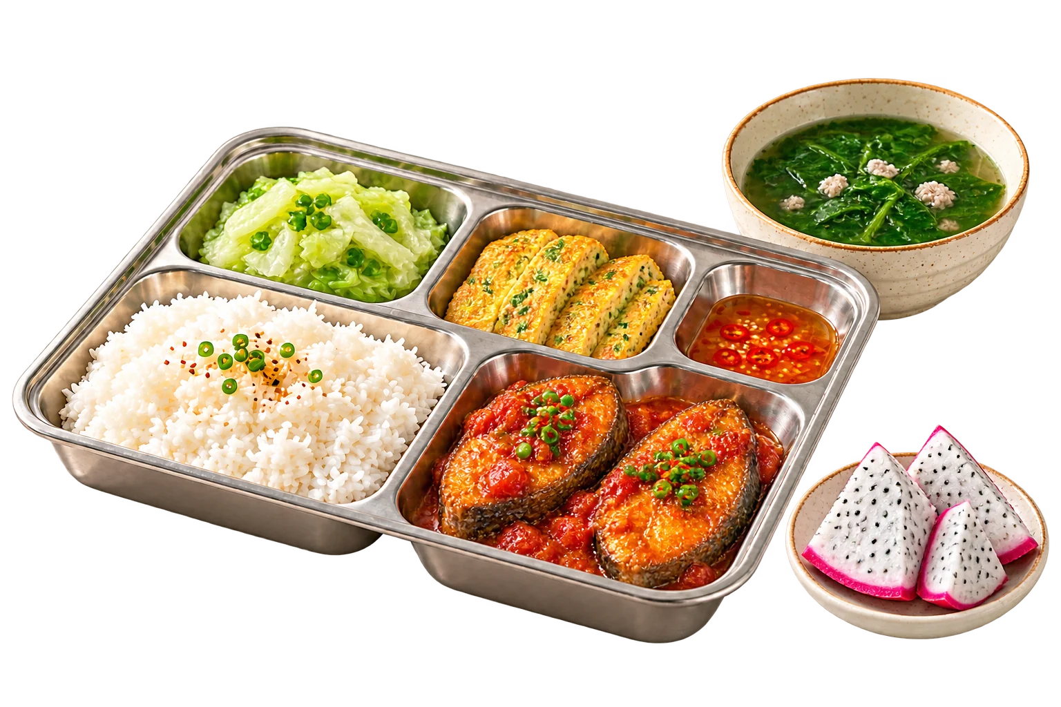 Phần ăn mẫu gồm Cơm trắng, Cá sốt cà chua, Trứng chiên, Bắp cải luộc, Canh rau ngót thịt bằm, Thanh long